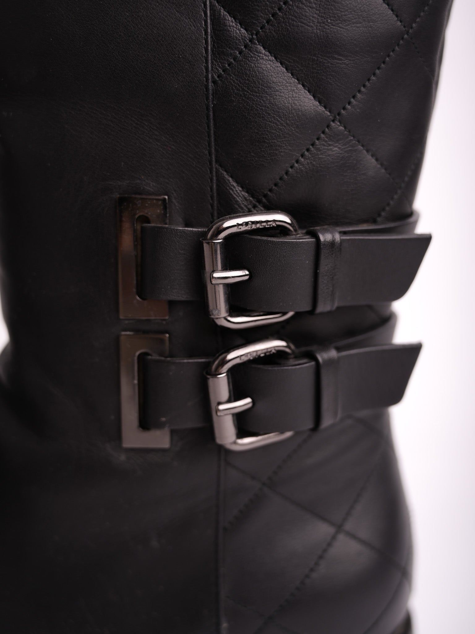 Excellent Lesilla Black Leather Knee-High Boots Size 38 with Buckles