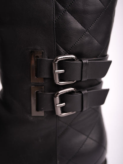Excellent Lesilla Black Leather Knee-High Boots Size 38 with Buckles