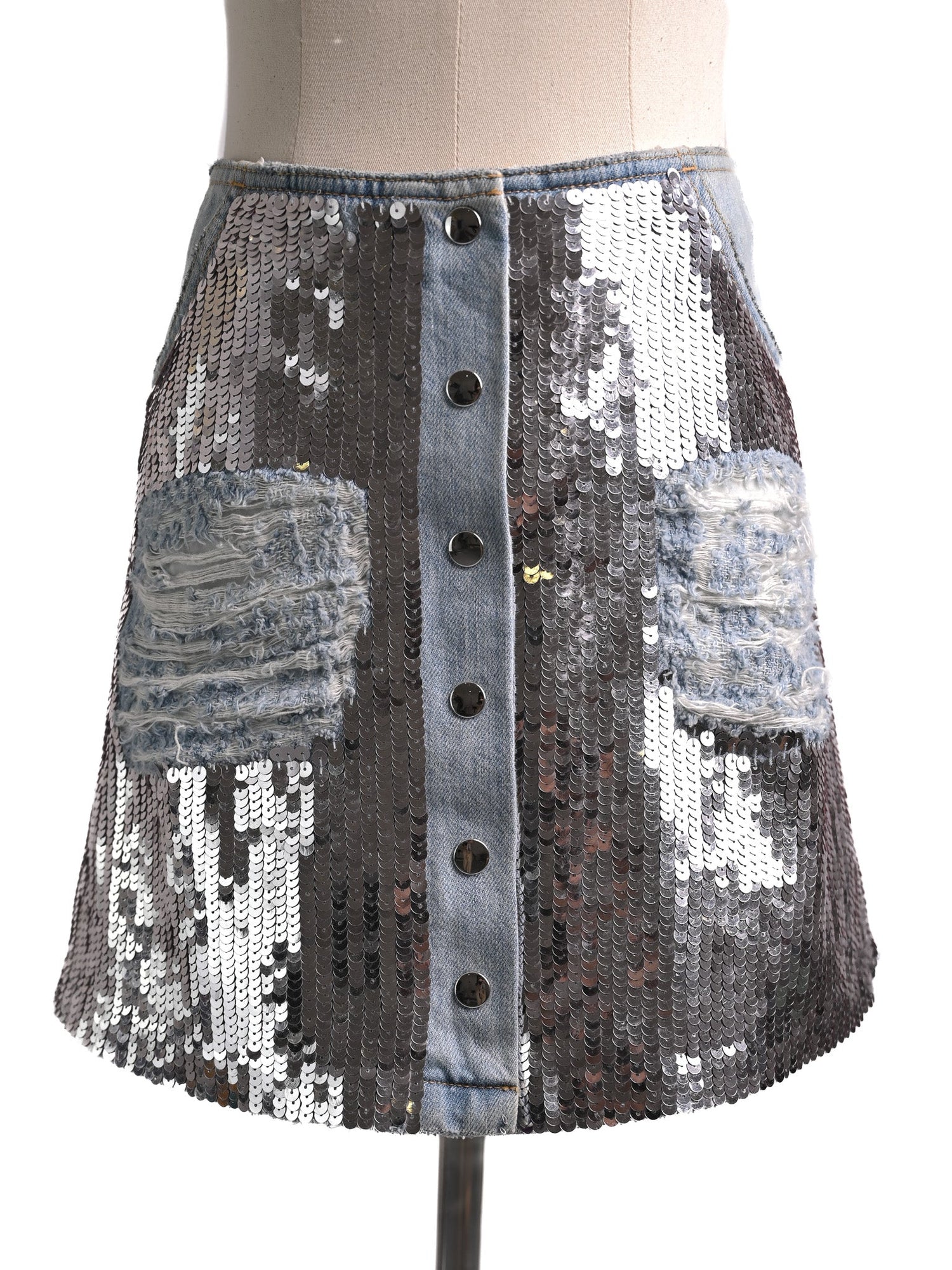 Excellent Au Jour Le Jour Blue Denim Skirt with Sequins Size S