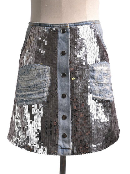 Excellent Au Jour Le Jour Blue Denim Skirt with Sequins Size S
