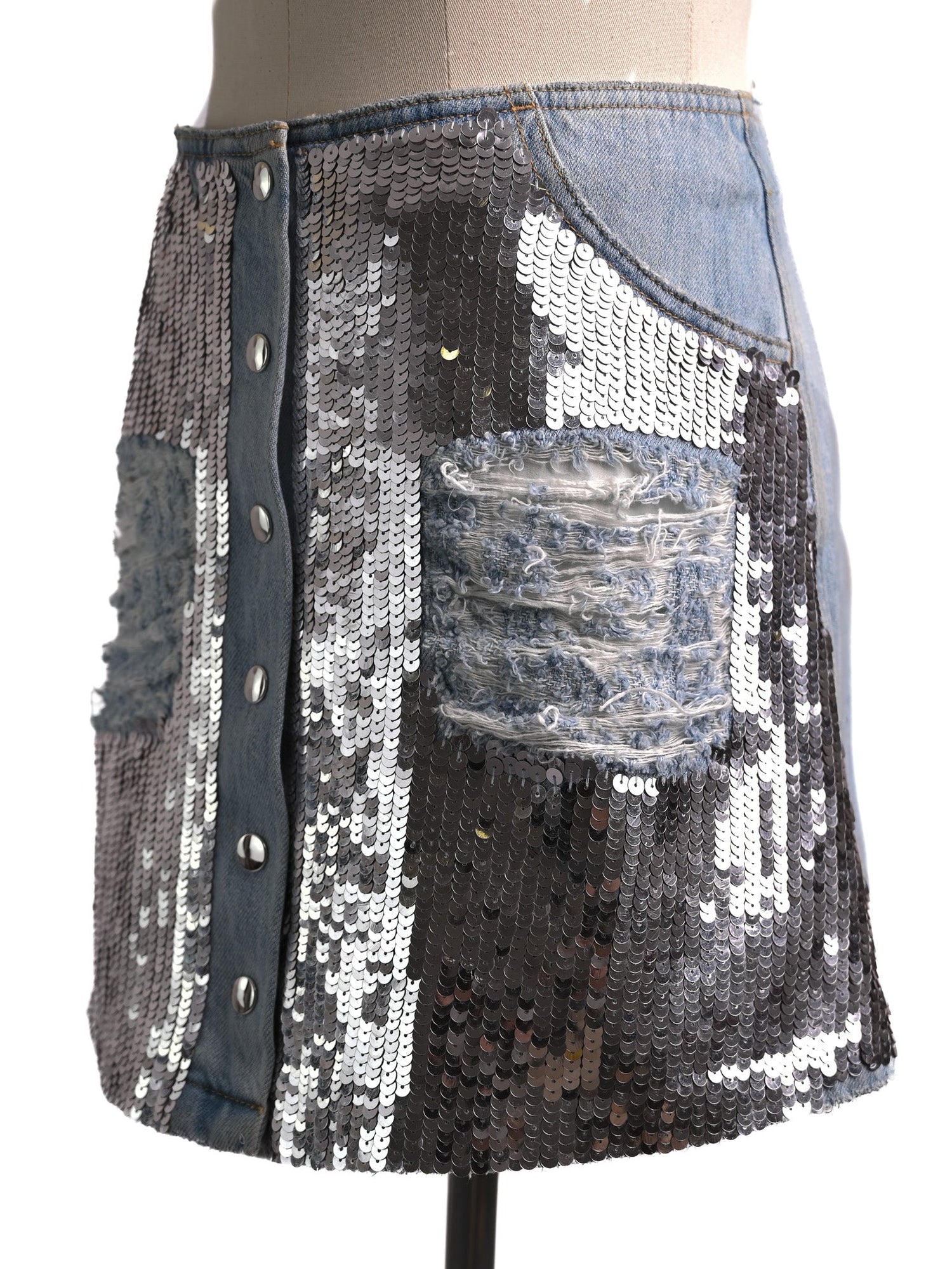 Excellent Au Jour Le Jour Blue Denim Skirt with Sequins Size S