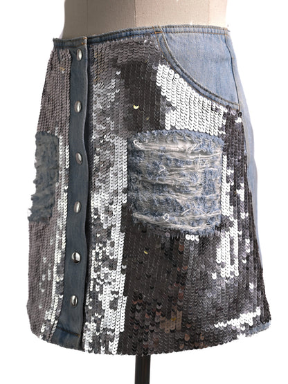 Excellent Au Jour Le Jour Blue Denim Skirt with Sequins Size S