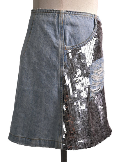 Excellent Au Jour Le Jour Blue Denim Skirt with Sequins Size S