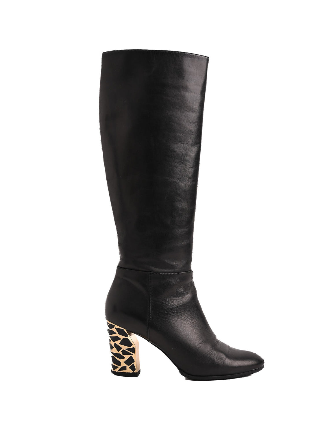 Casadei Black Leather Knee-High Boots with Patterned Heel Size 36