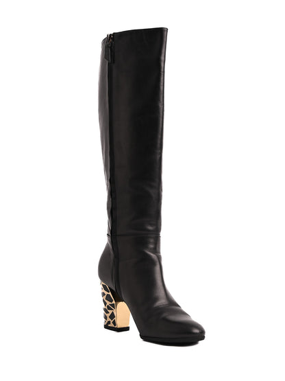 Casadei Black Leather Knee-High Boots with Patterned Heel Size 36