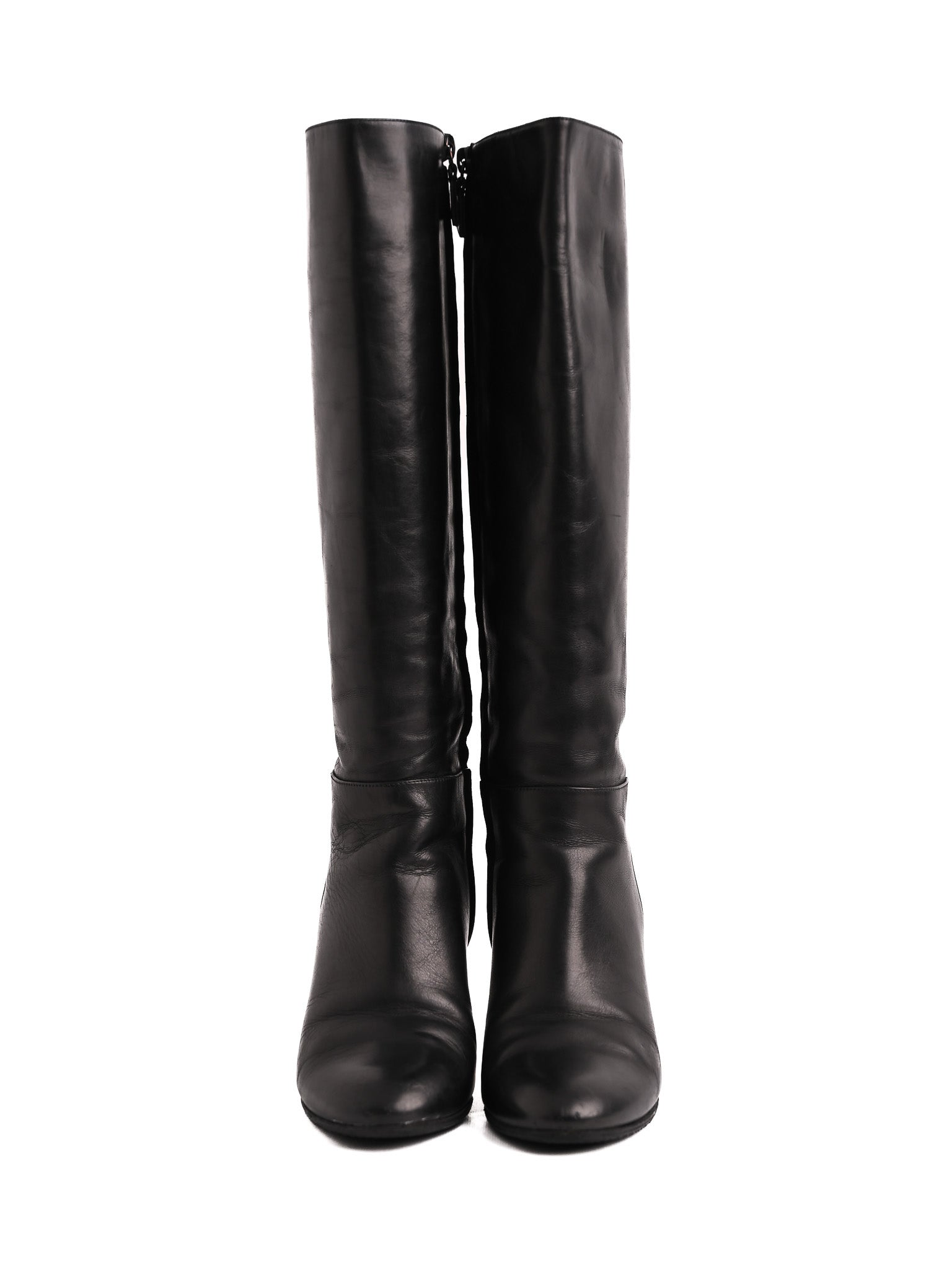 Casadei Black Leather Knee-High Boots with Patterned Heel Size 36