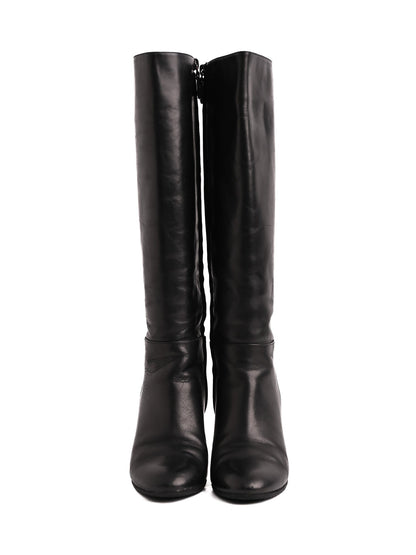 Casadei Black Leather Knee-High Boots with Patterned Heel Size 36