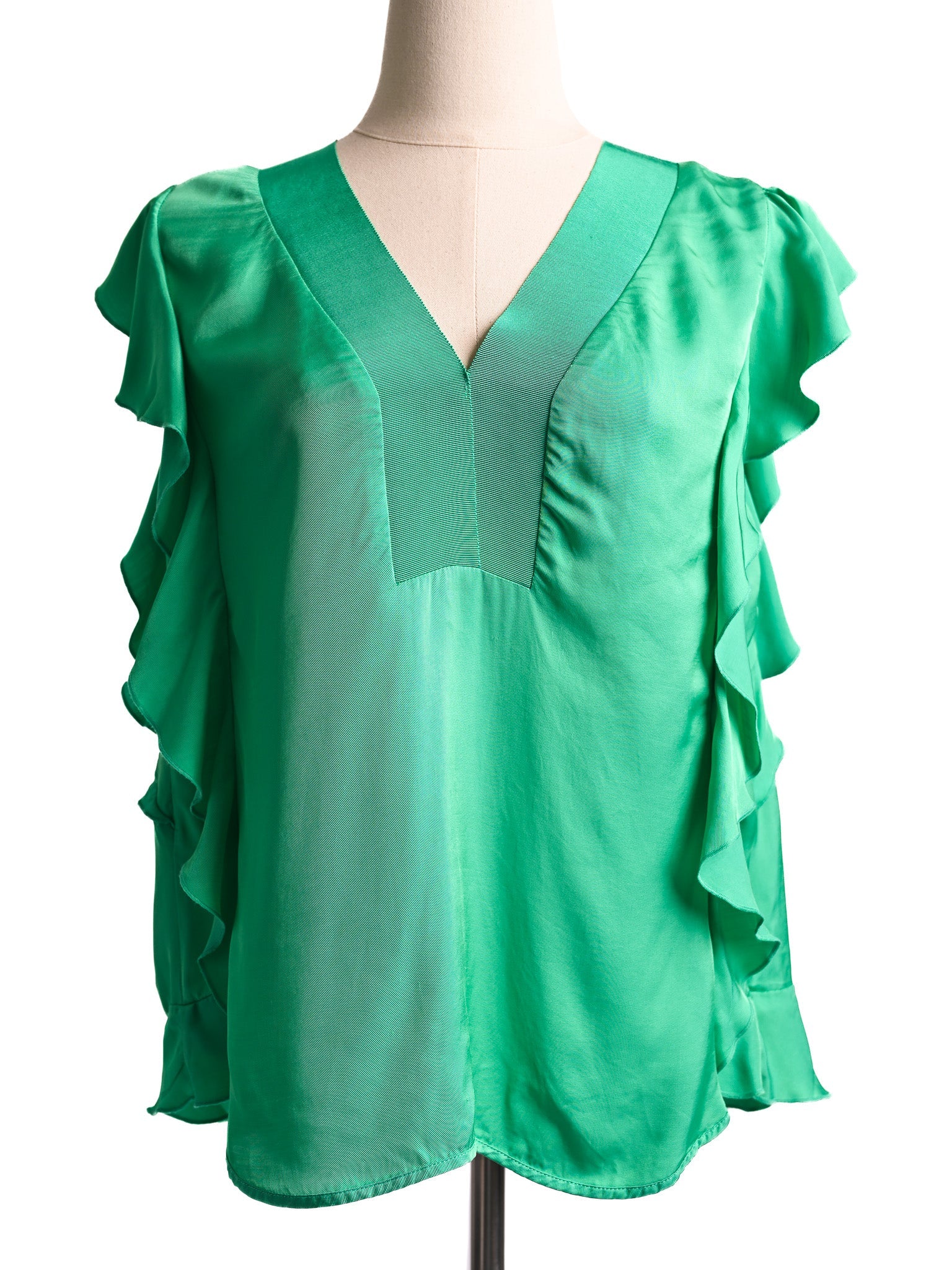 Excellent Sandro Green Blouse V-Neck Ruffled Sleeves Size L Women