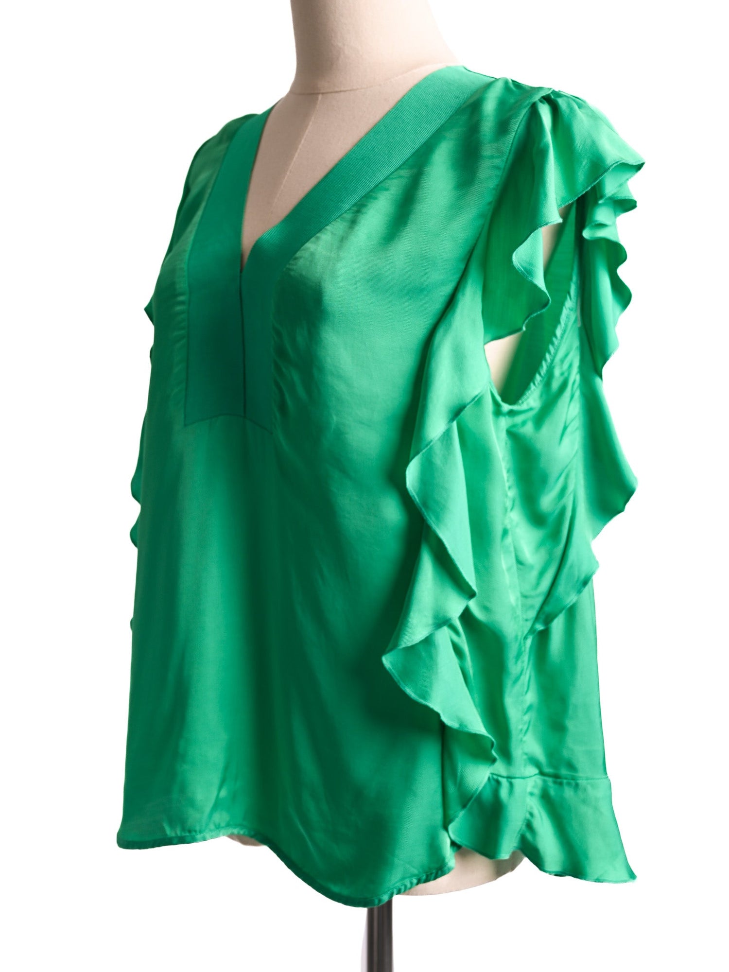 Excellent Sandro Green Blouse V-Neck Ruffled Sleeves Size L Women