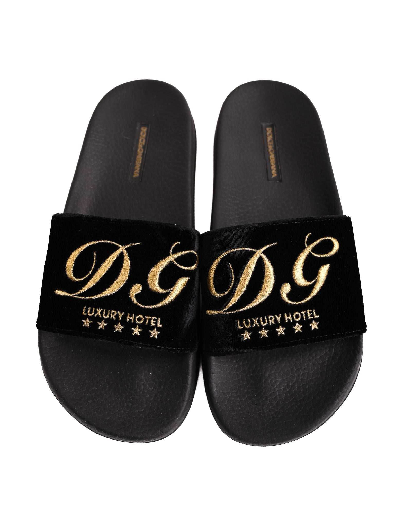 Perfect Dolce Gabbana Black Slides Size 39 with Gold D.G Logo