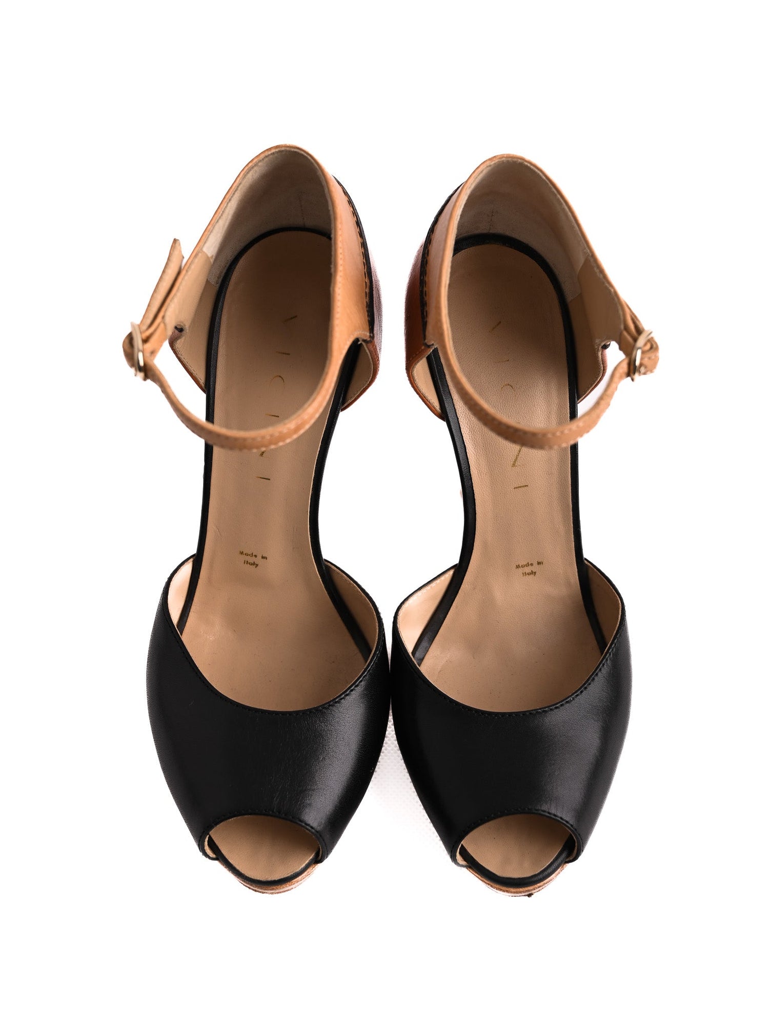 Good Vicini Peep-Toe High-Heels Black Tan Brown Leather Size 36.5