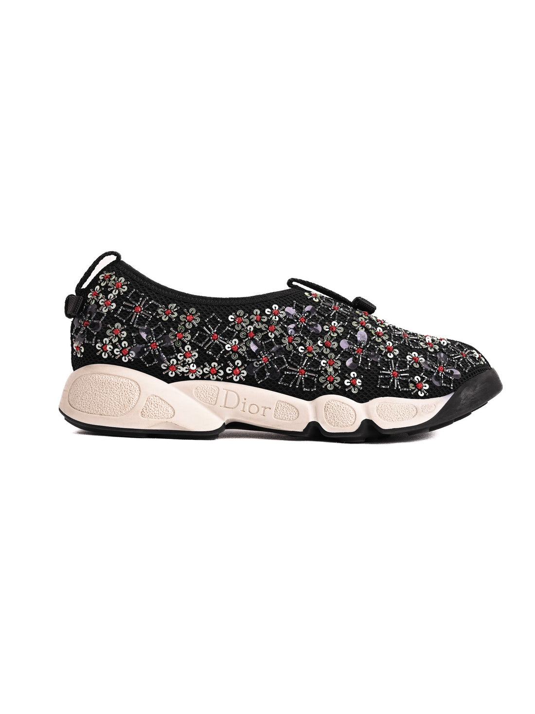 Excellent Dior Black Leather Floral Embroidery Sneakers Size 34