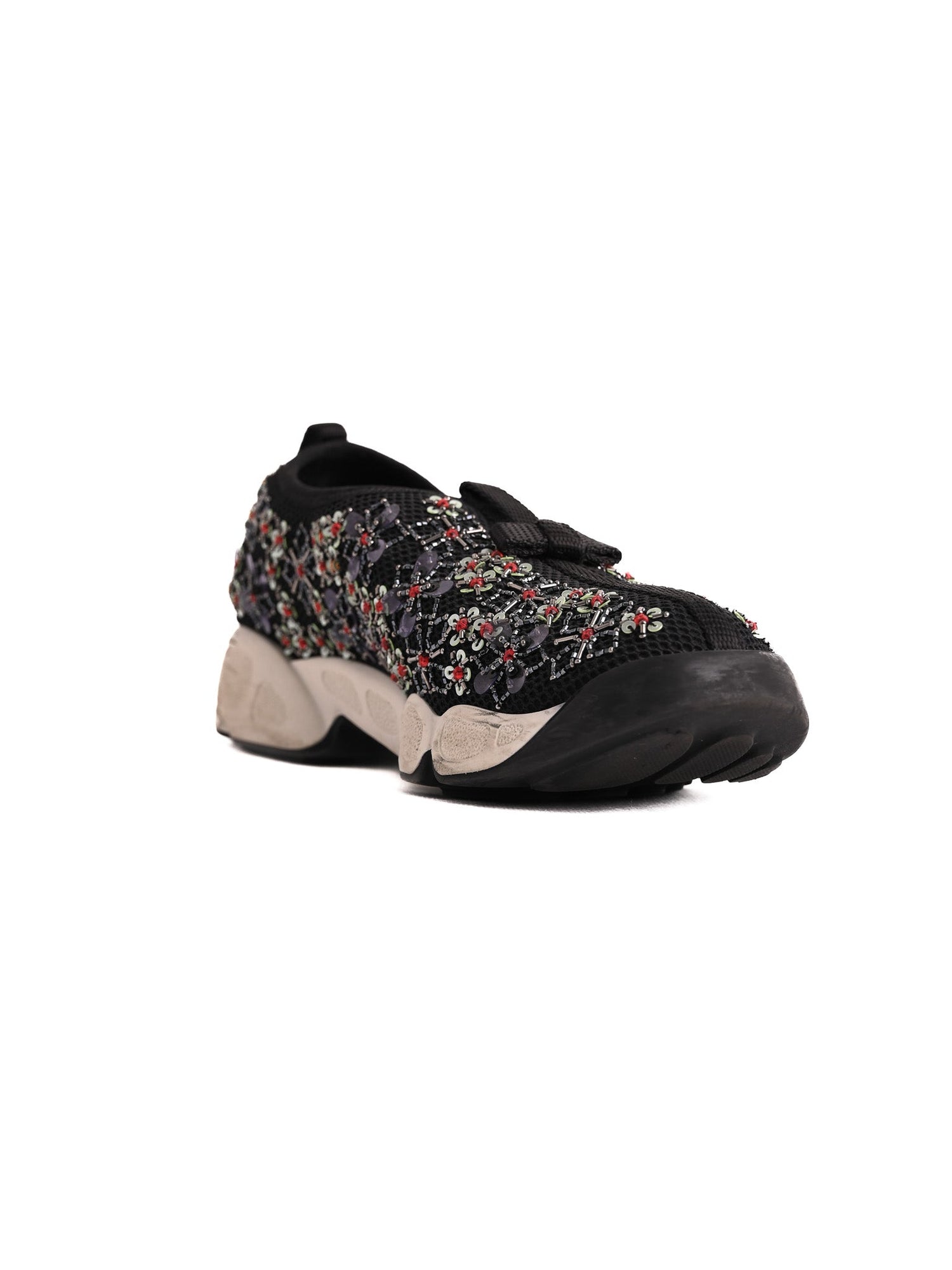 Excellent Dior Black Leather Floral Embroidery Sneakers Size 34