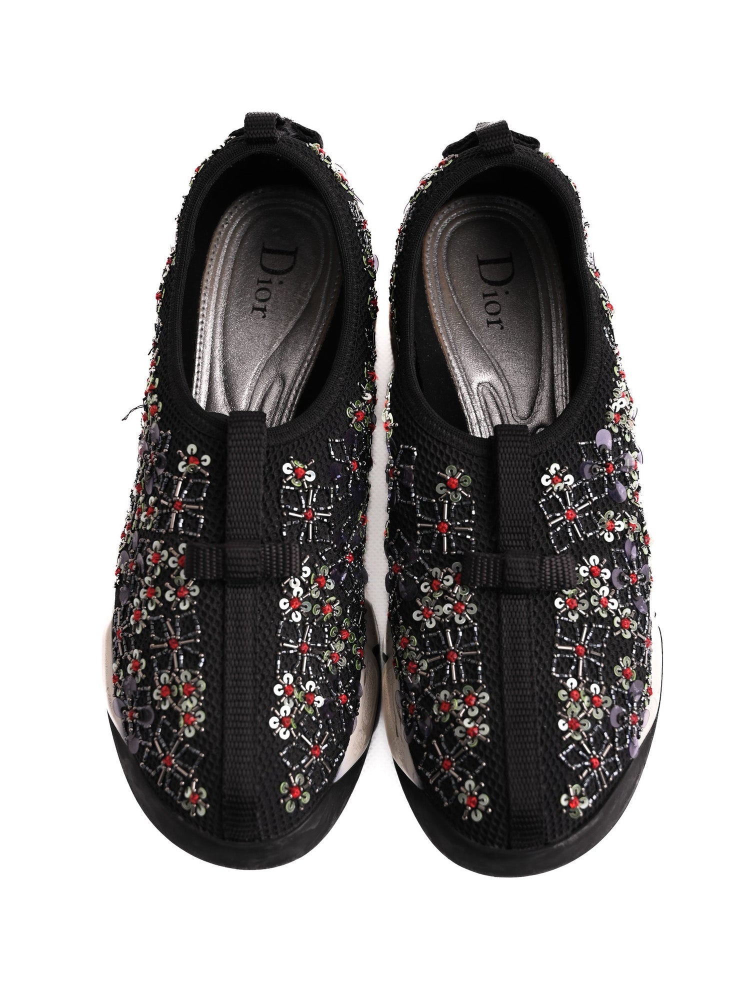 Excellent Dior Black Leather Floral Embroidery Sneakers Size 34