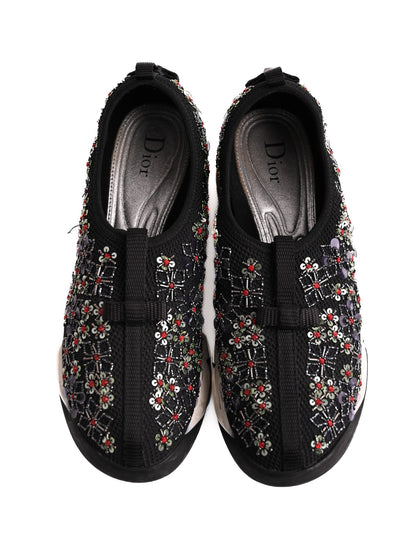 Excellent Dior Black Leather Floral Embroidery Sneakers Size 34