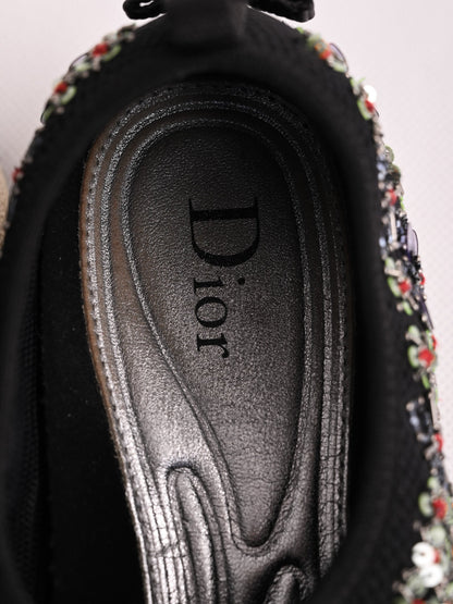 Excellent Dior Black Leather Floral Embroidery Sneakers Size 34