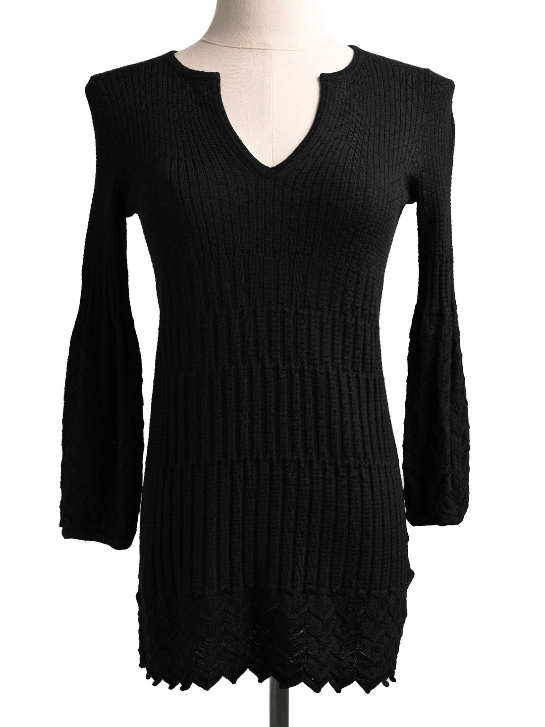Excellent Missoni Black Wool Ribbed Sweater Dress XXS V-Neck
