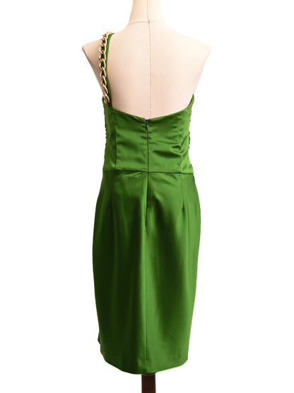 Dina Bar-EL Green Satin Dress Size S with Gold Chain Strap