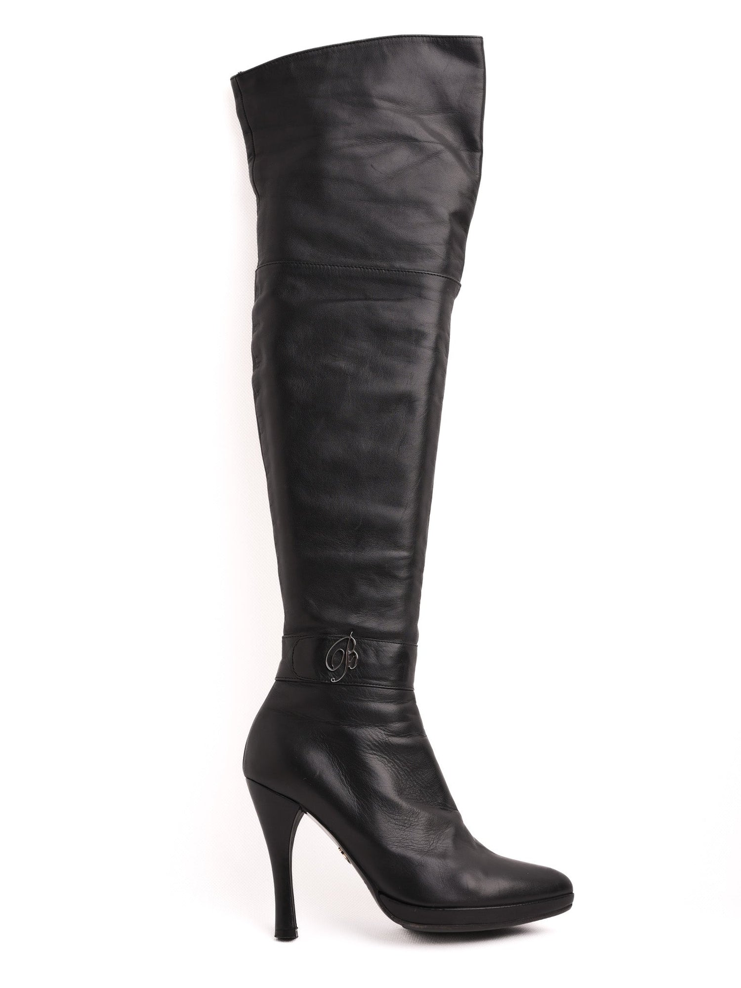 Excellent Blumarine Black Leather Thigh-High Boots Size 37