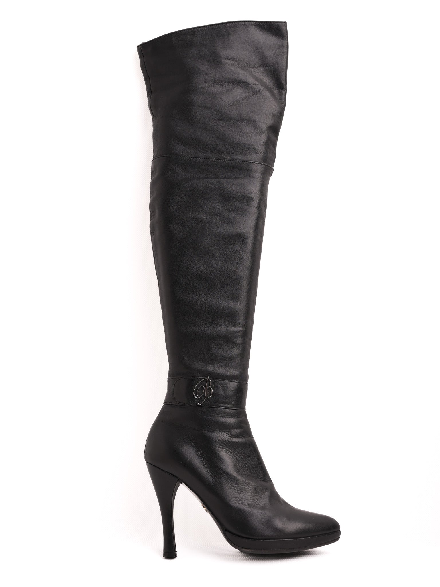 Excellent Blumarine Black Leather Thigh-High Boots Size 37