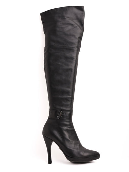 Excellent Blumarine Black Leather Thigh-High Boots Size 37