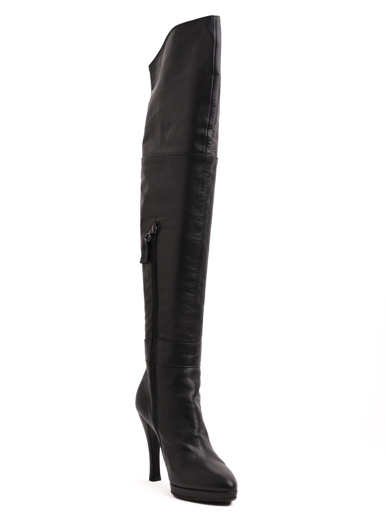 Excellent Blumarine Black Leather Thigh-High Boots Size 37
