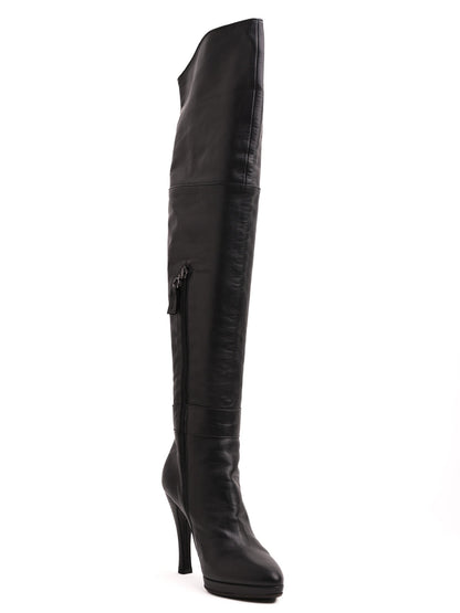 Excellent Blumarine Black Leather Thigh-High Boots Size 37