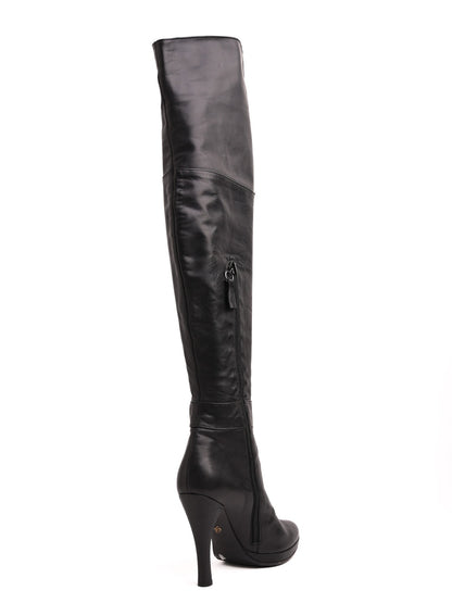 Excellent Blumarine Black Leather Thigh-High Boots Size 37