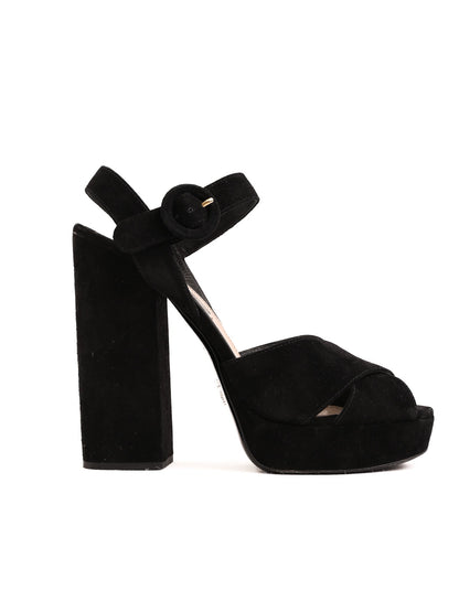 Good Condition Prada Black Suede High-Heeled Platform Sandals Size 38