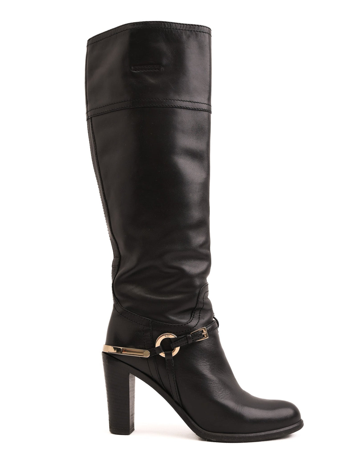 Good Dior Black Leather Knee-High Boots with Gold Accents