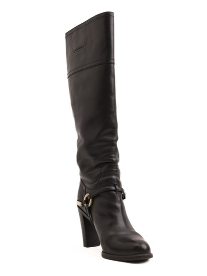 Good Dior Black Leather Knee-High Boots with Gold Accents