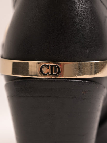 Good Dior Black Leather Knee-High Boots with Gold Accents
