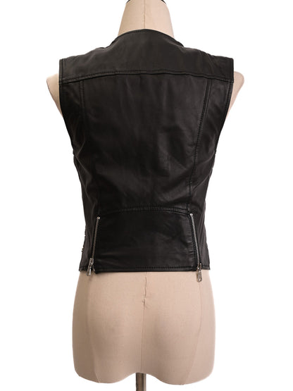 Excellent Balmain Black Leather Vest XS with Zipper Details