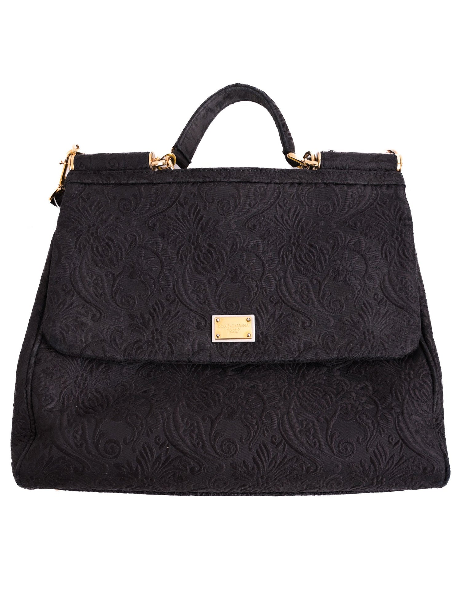 Excellent Dolce Gabbana Black Leather Handbag with Floral Pattern
