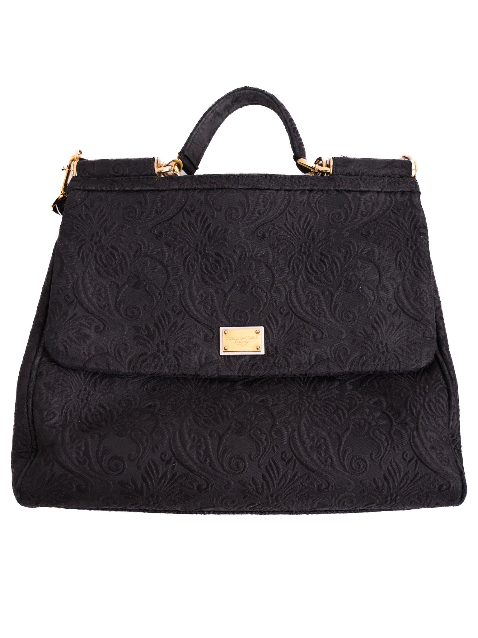 Excellent Dolce Gabbana Black Leather Handbag with Floral Pattern