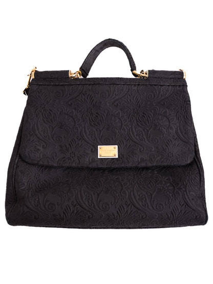 Excellent Dolce Gabbana Black Leather Handbag with Floral Pattern