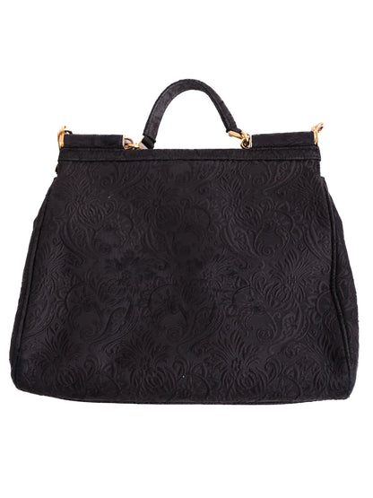 Excellent Dolce Gabbana Black Leather Handbag with Floral Pattern