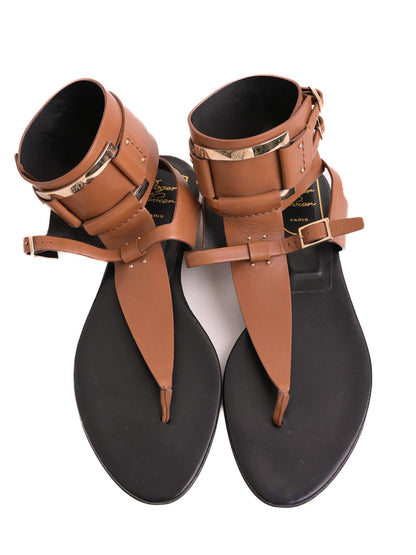 Perfect Roger Vivier Orange Leather Sandals with Gold Buckles Size 37