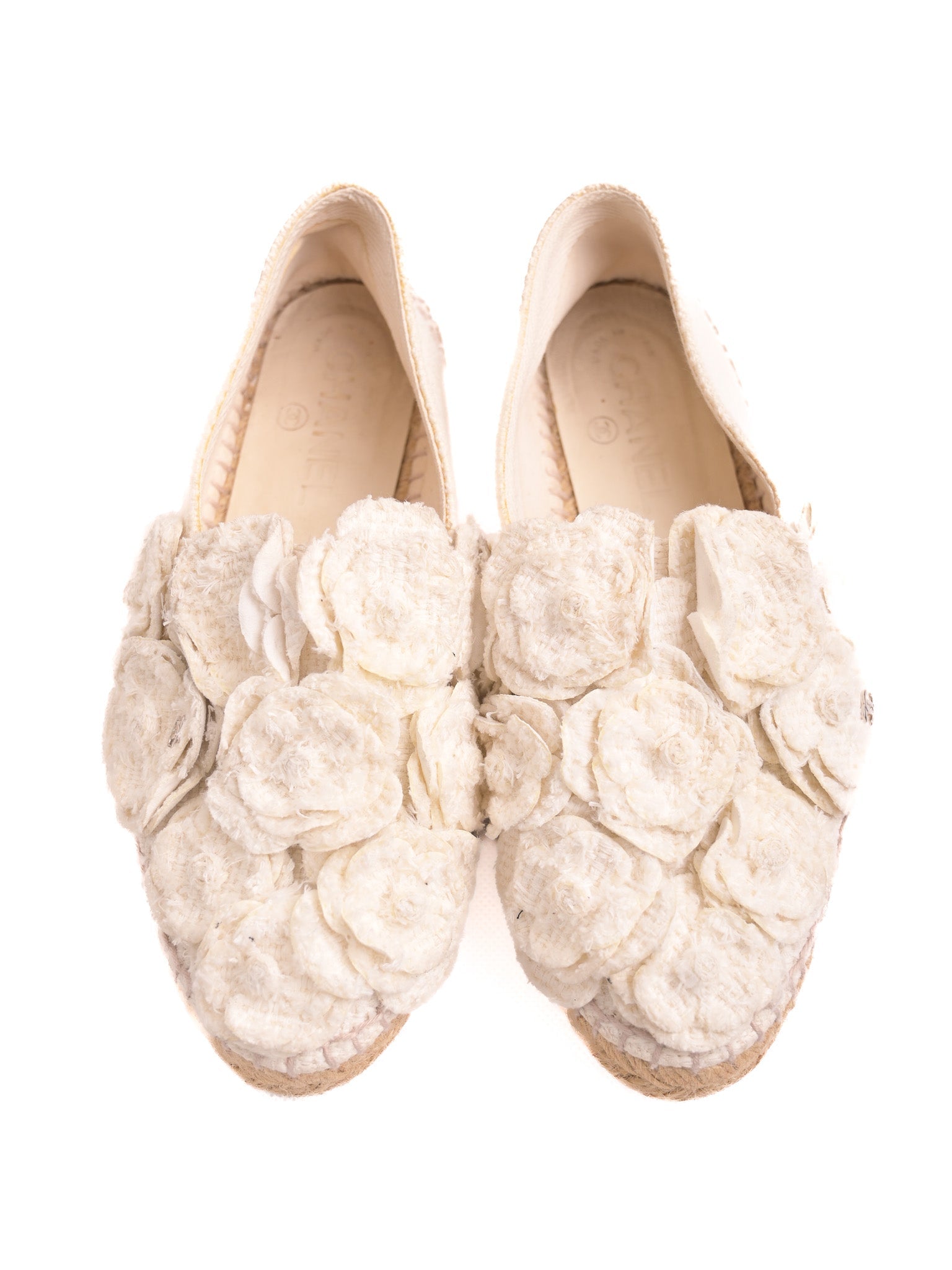 Average Condition Chanel White Espadrille Shoes with Floral Accents
