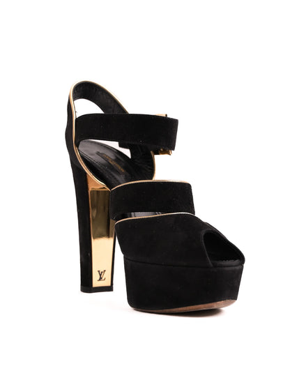 Good Condition Louis Vuitton Black Suede High-Heeled Sandals Size 38.5