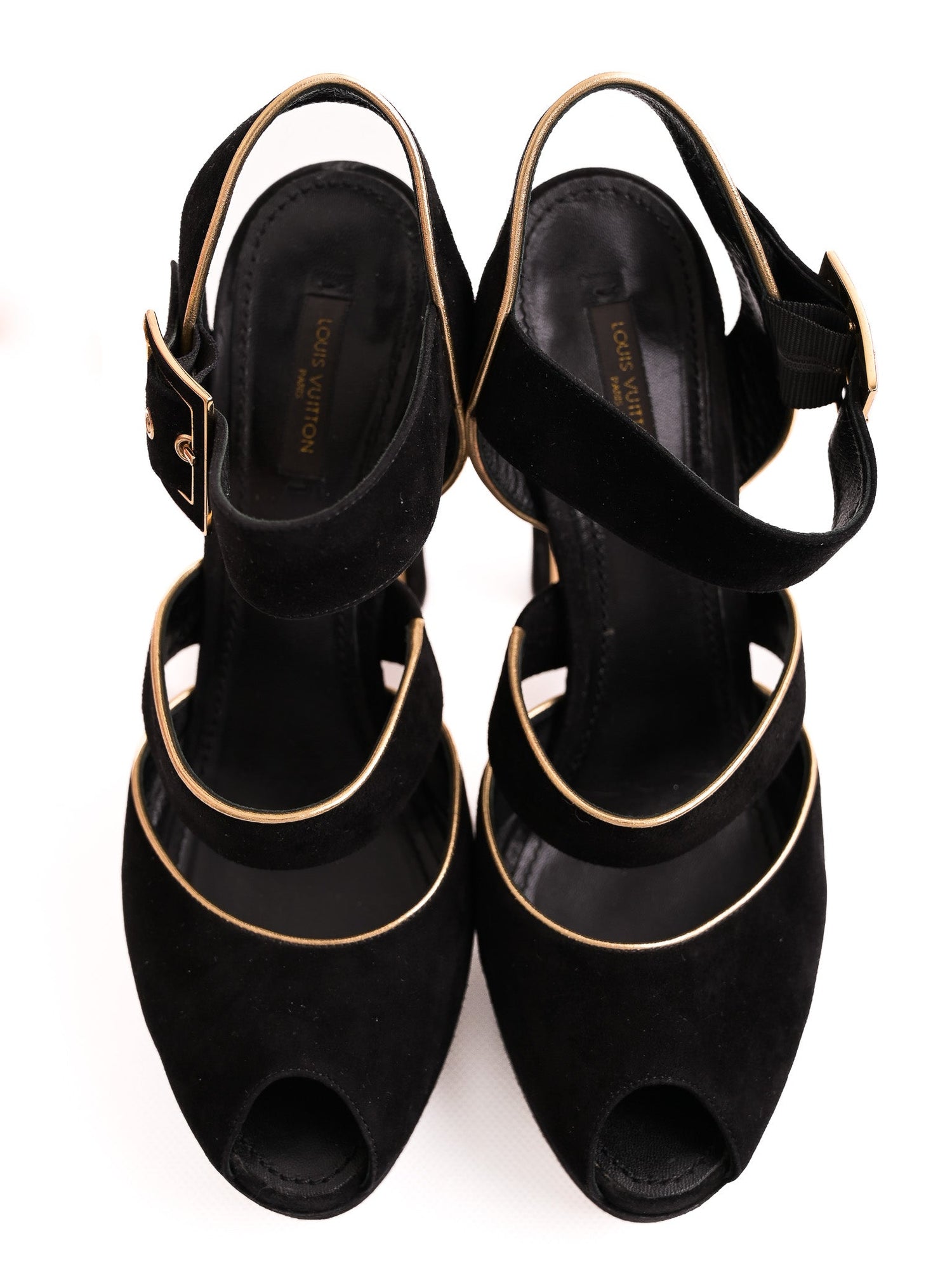 Good Condition Louis Vuitton Black Suede High-Heeled Sandals Size 38.5