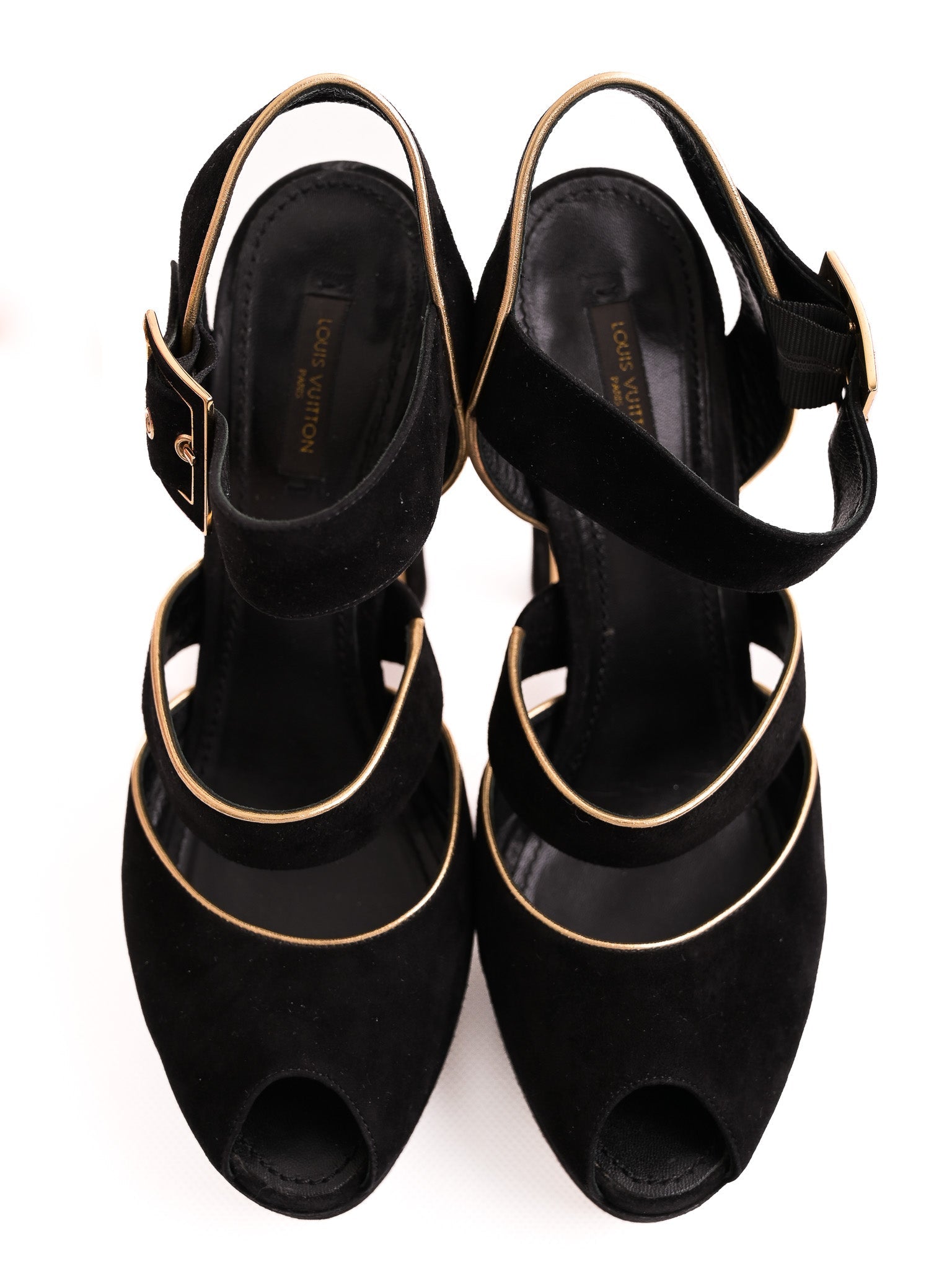 Good Condition Louis Vuitton Black Suede High-Heeled Sandals Size 38.5