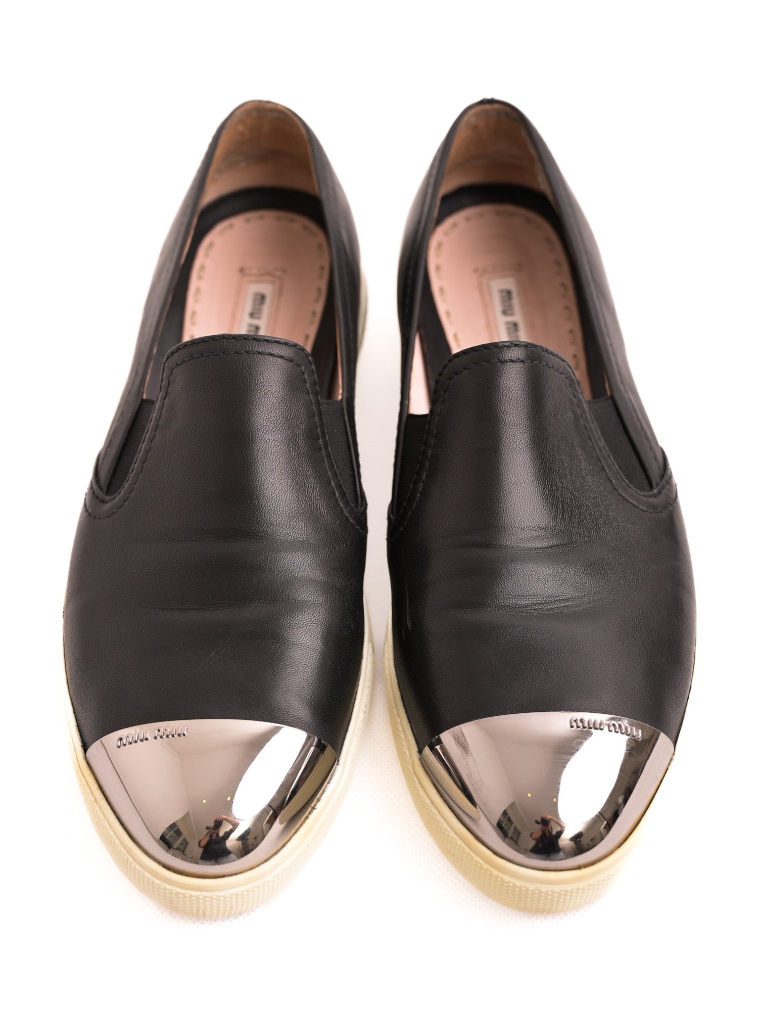 Excellent Miu Miu Black Leather Slip-On Shoes Size 40 with Metallic Toe Cap