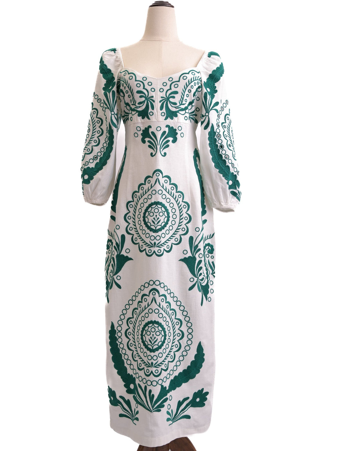 NEW Uterque Long White Dress Green Patterns Size S