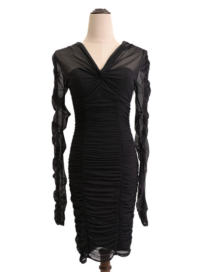 Good Guess Black Dress XS with Sheer Sleeves and Ruched Design