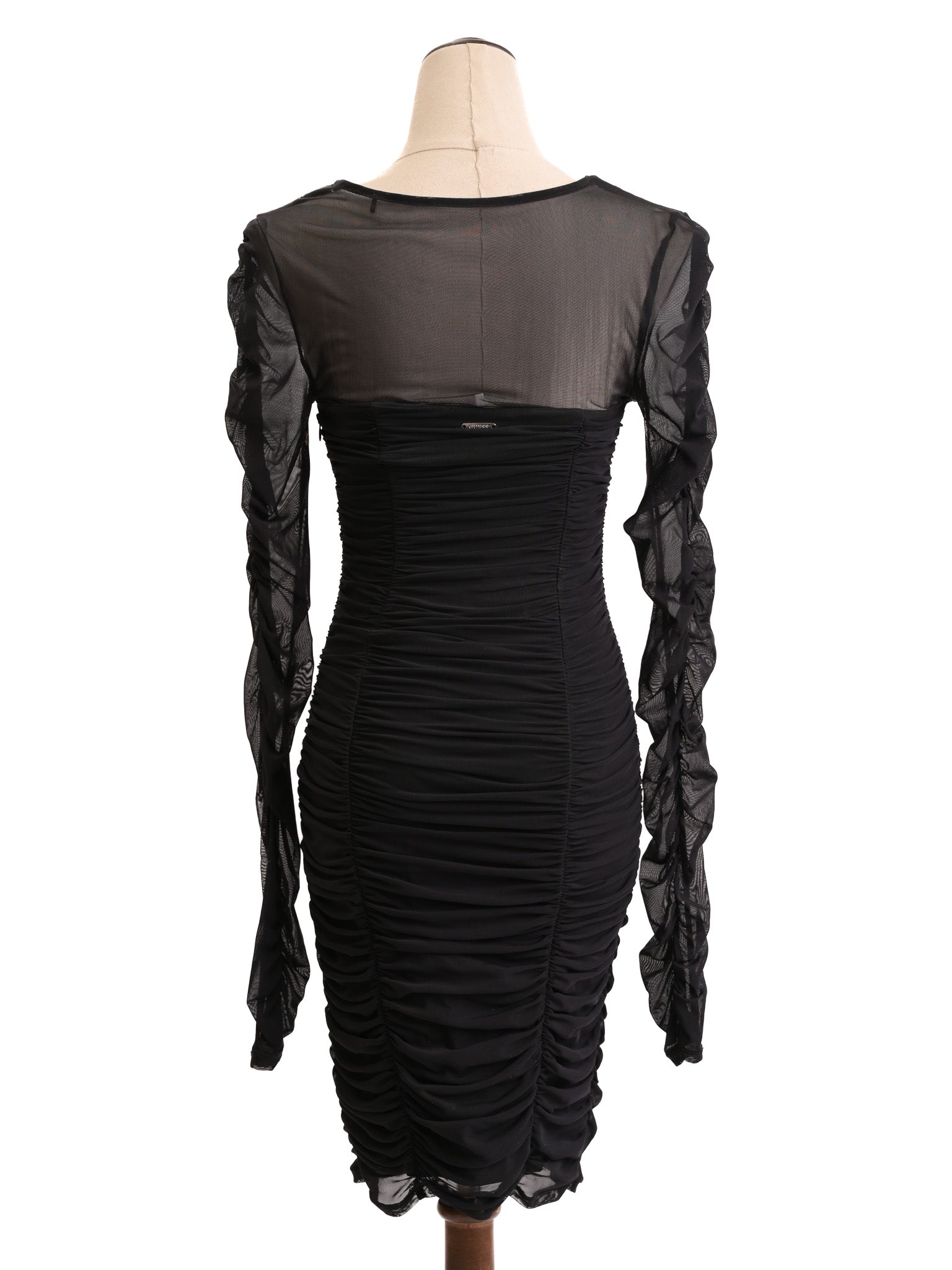 Good Guess Black Dress XS with Sheer Sleeves and Ruched Design