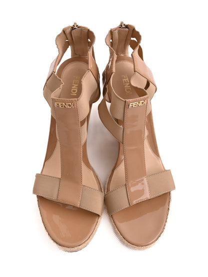 Excellent Fendi White Textile Wedge Sandals with Strappy Design