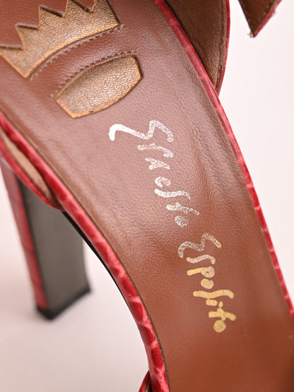 Excellent Ernesto Esposito Red Leather High-Heeled Shoes with Ankle Strap