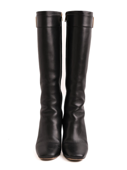 Excellent Salvatore Ferragamo Black Leather Knee-High Boots with Buckle