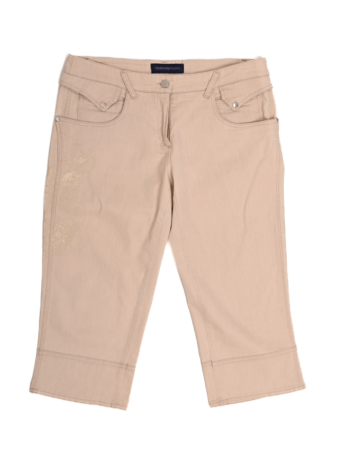 Trussardi White Cotton Knee-Length Pants with Floral Embroidery